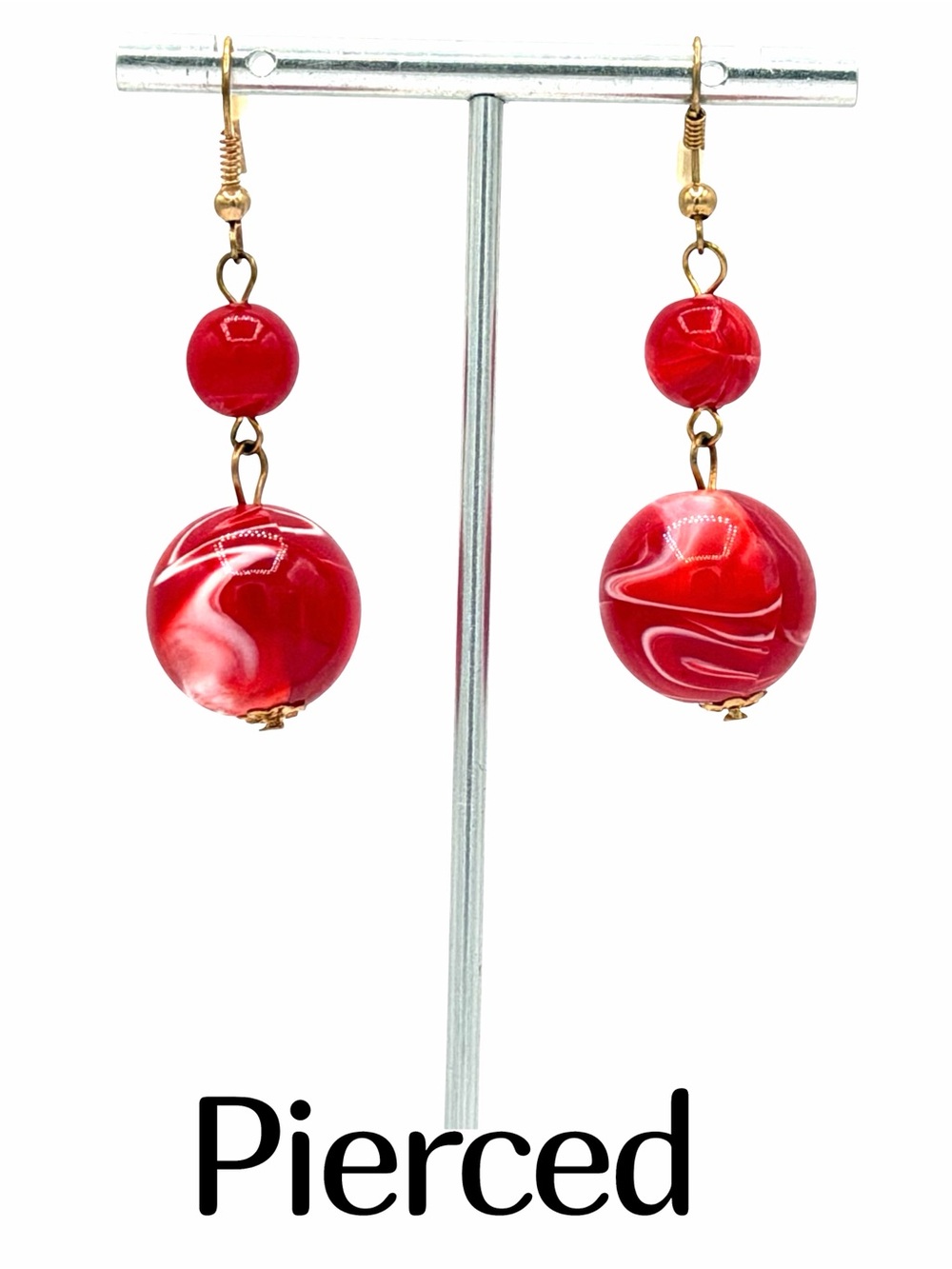 Vintage Cherry Red & White Swirl Pierced Double Ball Earrings Woman’s Jewelry
